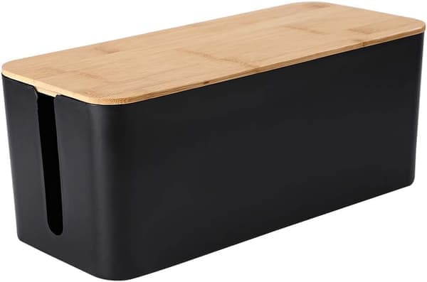Cable Management Box/Storage Box with Bamboo Lid, Large Cable Organizer and Holder for Use with Desks, TVs, Computers, and USB Hubs.