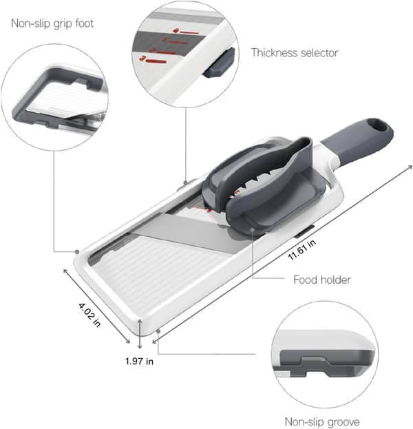 Handheld Mandoline with 3 Adjustable Thicknesses (1-3mm) & Food Holder - Safe Potato & Cucumber Slicer, Easy Cleaning (Grey)