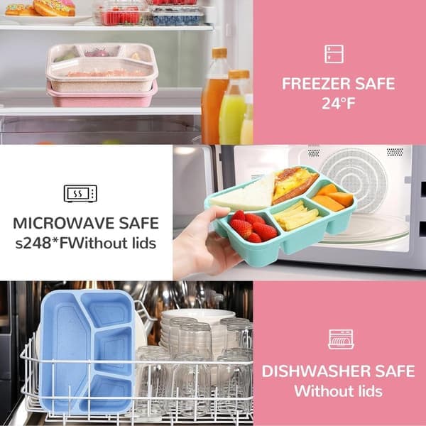 Four-piece BPA-free lunch box with five compartments Includes spoon and fork Portion control Reusable for school, work, and picnic Stackable Compact