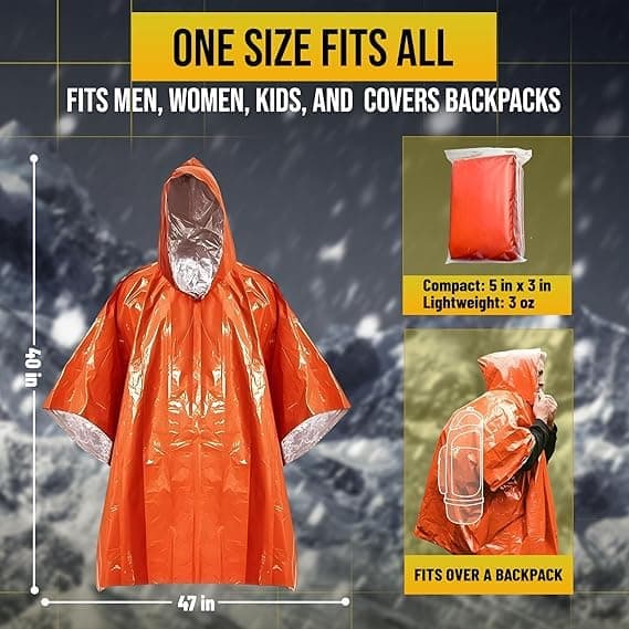 4-pack regnponchos för vuxna med Mylar-filtreringsfoder, vindtäta termiska överlevnadsponchos för camping, räddning