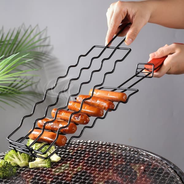 BBQ Korvgrillkorg Picknickgrillställ för 6 varmkorvar Metallnätkorgar