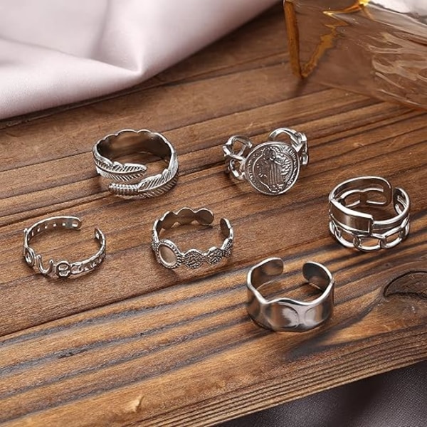 18K Silverpläterade ringar för kvinnor, rostfritt stål statement ringar pack staplingsbara boho midi ringar justerbara öppna ringband tvinnade silver
