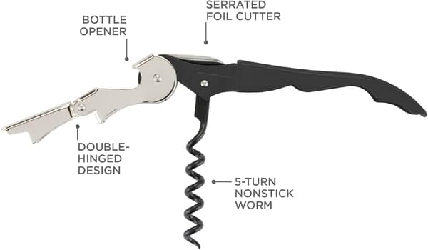 Double-Hinged Waiter's Corkscrew Matte Black Wine Bottle Opener with Foil Cutter Wine Key