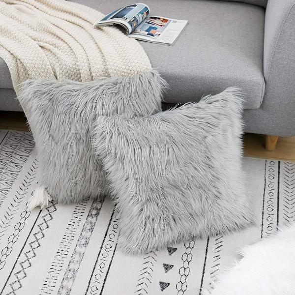 Set med 2 ljusgrå dekorativa fluffiga kuddfodral Nya lyxserie Merino Style Faux Fur Throw Pillow Covers Square Fuzzy Cushion Case 18x18 tum