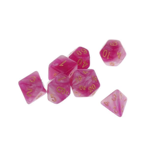 7 rosa mångsidiga tärningar, lämpliga för rollspelet Dungeons & Dragons.