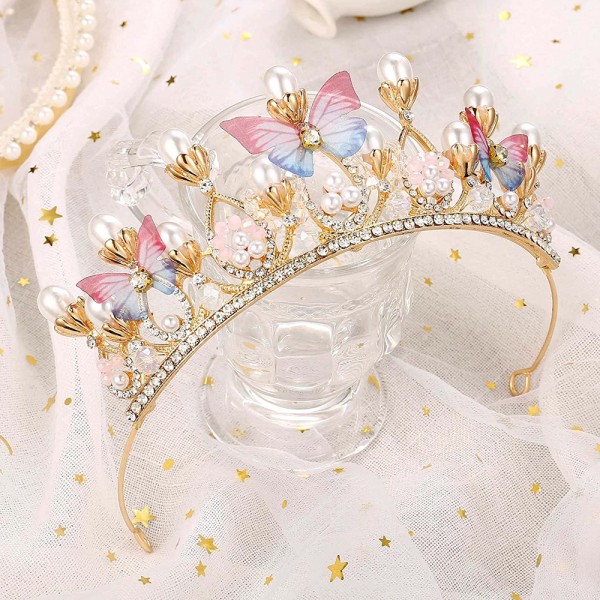 Fjärilstiara och krona för flickor Guld Tiara Pearl Pannband Hårtillbehör för födelsedagsfest Bröllop Blomstertjej Dekorationstillbehör