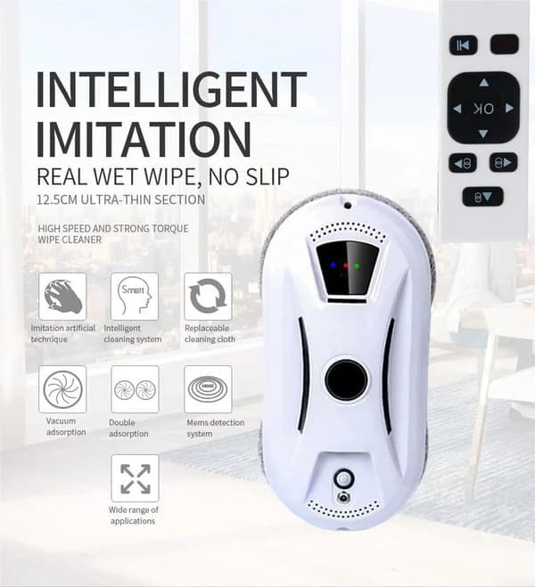 Window Cleaning Robot for Glass - Strong Suction Glass Cleaning Robot with Remote Control - Automatic Robotic Cleaner for Vertical Surfaces - White