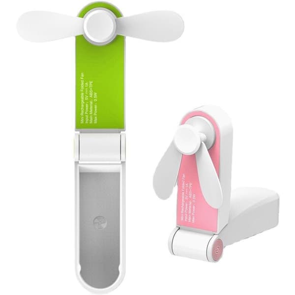 Mini Folding Pocket Fan. Portable Rechargeable Fan with USB Cable - Two-tone Pink.