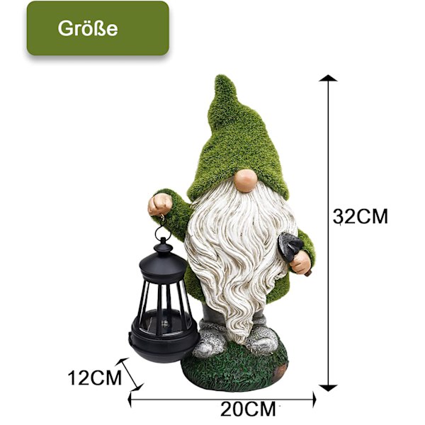 Rolig trädgårdstomte, väderbeständig figur med lykta LED solcellslampa, 33 cm trädgårdstomtefigurer, trädgårdsdekoration figurer, trädgårdslampa för