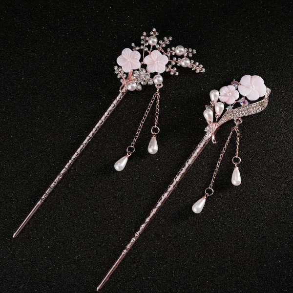 2 delar strass pärla blomma hårstick vintage hårnål Chignon Pin Ätpinnar Hårstyling Hårtillbehör för kvinnor (rosa)