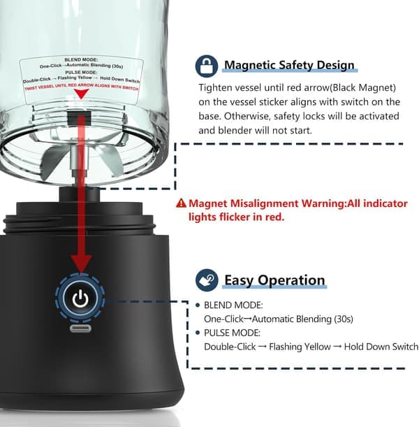 Portable 590ml Container Blender, Cordless Personal Size Blender, Mini Blender with 6 Blades