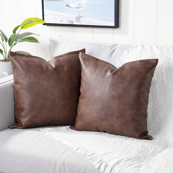 Set med 2 konstläder dekorativa kuddfodral moderna enfärgade utomhuskuddfodral lyxiga örngott för soffa säng 18x18 tum mörkbrun