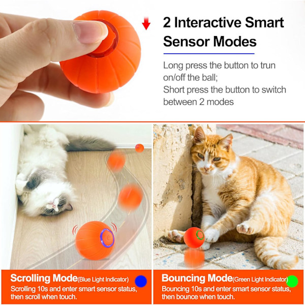 Interaktiv kattboll leksak - med LED-ljus, intelligent hoppboll, 360 graders automatisk rotation och USB-laddning, stimulerar jakt, för kattunge