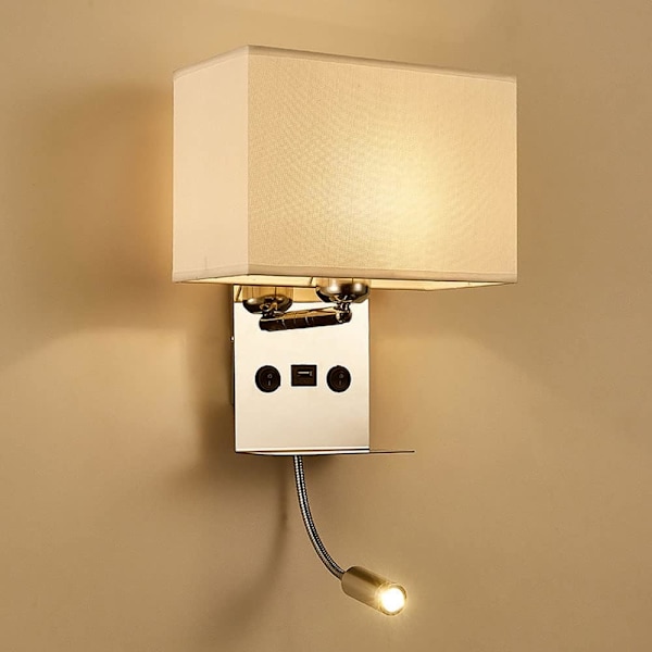Vägglampa inomhus med flexibel LED-läslampa, sänglampa med USB-port vägglampa och hylla, sovrumsvägglampa med tygskärm, vit