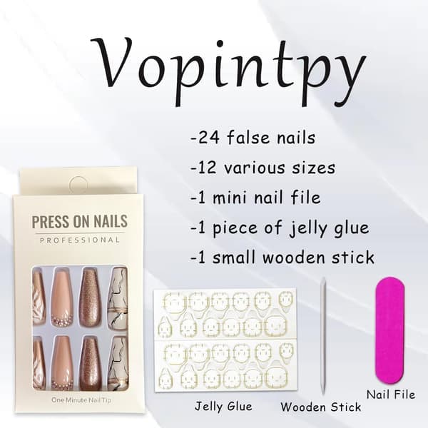 Rose Gold Glitter Press-on Nails Square Extra Long Ballerina False Nails White Leaf Marble Pattern Fake Nails with Rhinestone Design Reusable