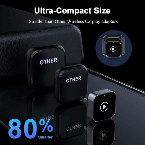 CarPlay-adapter til iPhone og Android, Mini kablet til trådløs adapter til CarPlay og Android Auto, Plug and Play, Stabil forbindelse og ingen forsinkelse