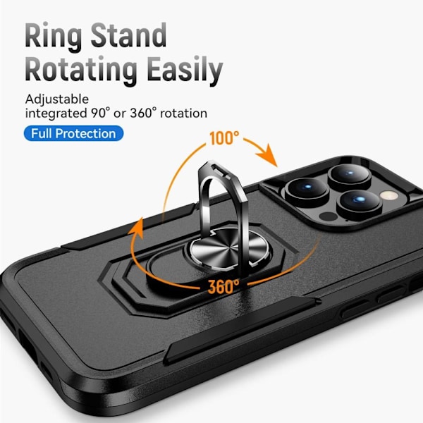 iPhone 14 Pro Max Hybrid skal med Finger Ring & Metall Plåt - Sv Svart