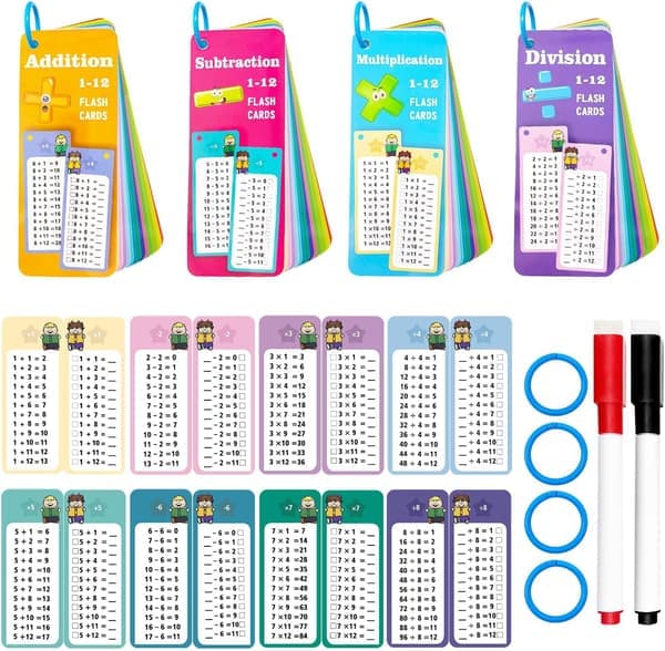 60-pack Multi Math Flash Cards Addition Subtraction Multiplication Division Flashcard med 2 Dry Erase Markers 4 Rings Educational Times Table