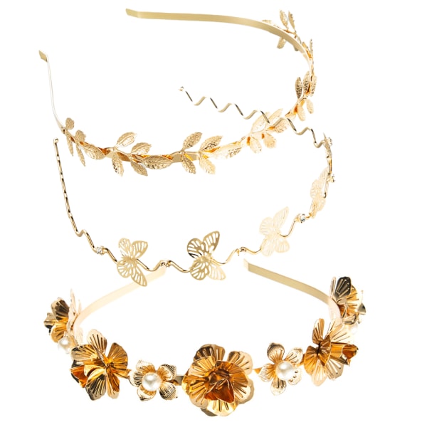 Mode pannband för kvinnor flickor, 3-pack metallic guld fjäril blomma pannband Strass hårband Brudhårbåge bröllopshåraccessoarer