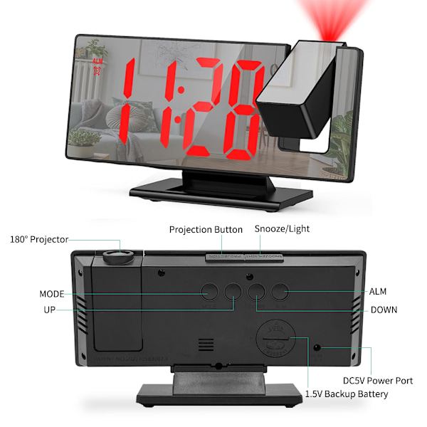 Digital väckarklocka, projektionsväckarklocka för tunga sovare, digital klocka för sovrum med stor LED-skärm, 12/24H, USB-laddningsport, snooze,