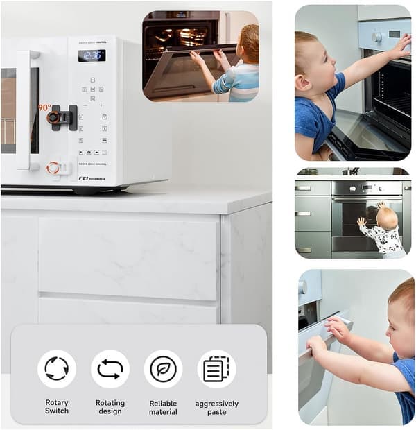 2-pack Child Safety Locks with Rotary Switch - Adhesive Locks without Drilling for Refrigerator, Oven, Cabinets, Pet-Proof & Easy Installation