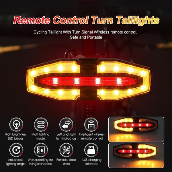 Wireless Remote Control Bicycle Taillight with Turn Signals - USB Rechargeable, Waterproof and Super Bright for Safe Night Cycling