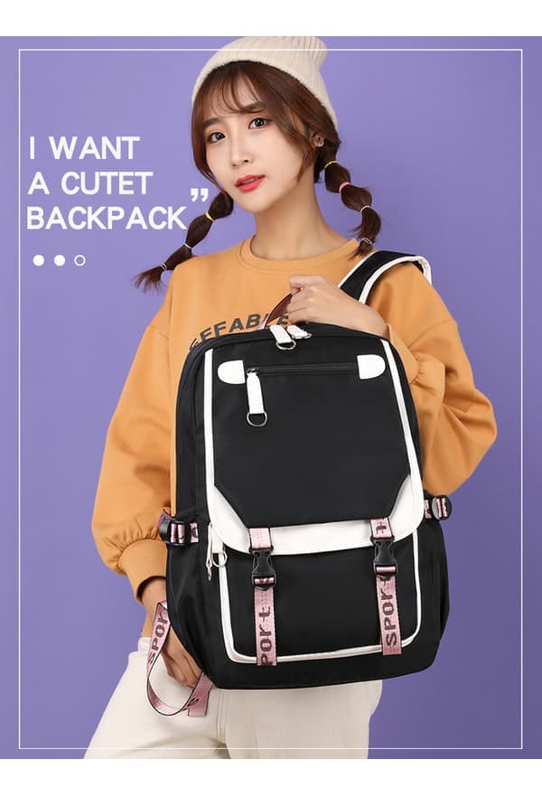 School Bag Large Capacity Backpack Multi-layer Shoulder Bag - Black with White