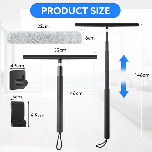 Improved Shower Squeegee with Removable and Extendable Handle - Glass and Tile Cleaner for Bathroom Doors and Walls Includes 2 Self-Adhesive Hangers