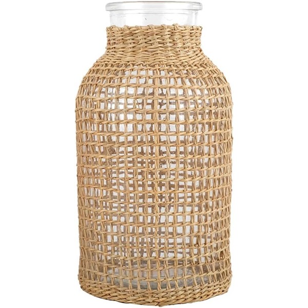 Glasblomvas med rottingöverdrag Blomknopp Vas Rund Dekorativ Blomvas Blombehållare Bondgård Blomflaska för Blomsterarrangemang