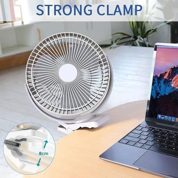 20 cm clip-on fan with 10,000 mAh battery. USB interface. 4 speeds. Powerful airflow. Secure clip (white).