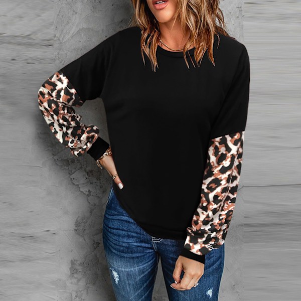 Svart M Dam Sweatshirt Långärmad Leopardmönstrad Crew Neck Pullover Topp för Hemma Utomhus