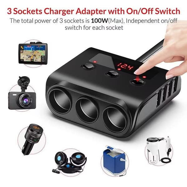 Cigarettænder Splitter + 12V USB Biloplader med Afbryder og Voltmeter – 3x Cigarettestik – 4x USB – Biltilbehør