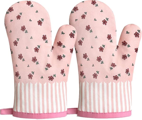 Par (lyserød blomst) ovnhandsker, køkkenhandsker, grillhandske