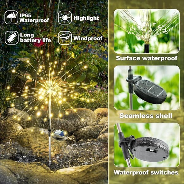 Solar Powered Decorative Outdoor Lights: With Flexible Copper Wire and 120 Firework-Shaped LED Lights - Waterproof Design.