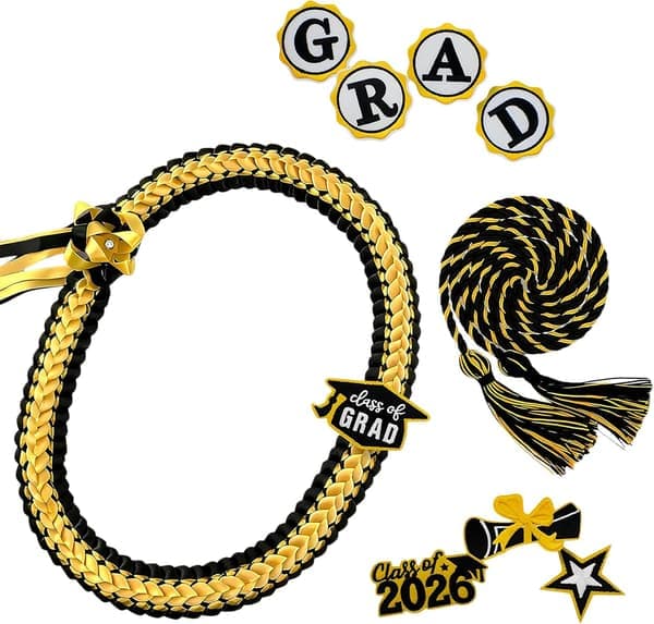 Studenterhalskæde med bånd til dimissionsfester 2026, flettet halskæde, gave tilbehør (sort og guld)