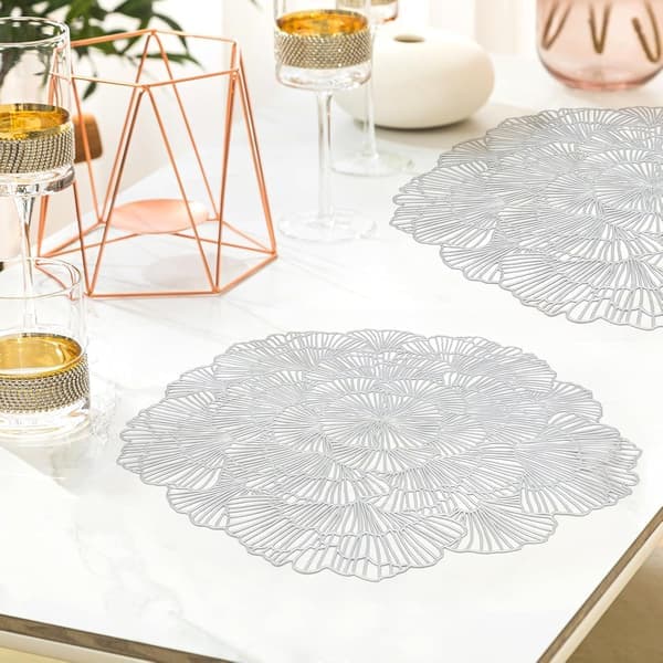 Round Silver Placemats, Set of 4, Floral Vinyl, Table Mats, Table Setting, Kitchen Placemats for Dining Table, Holiday, Wedding, Decorative