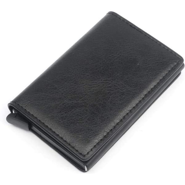Minimalist Leather Wallet for Men with Clip, RFID Blocking and Automatic Aluminum Card Holder - Black