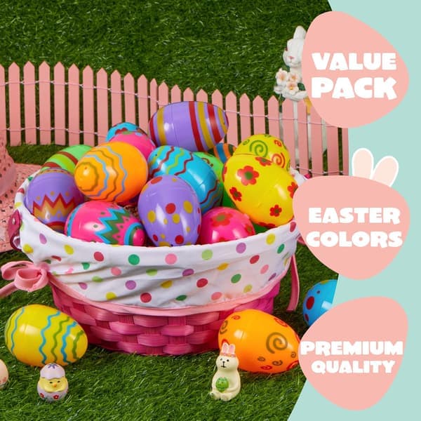 Toy 36 Pcs Plastic Printed Bright Easter Eggs Over 3 Inches Tall Fillable Empty Eggs in Bulk for Easter Hunt, Basket Stuffers, Classroom Prize