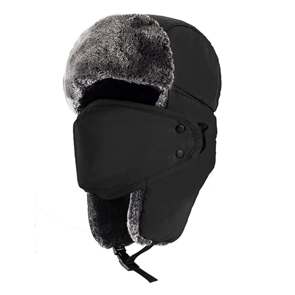 Varm Trapper hatt för män Vinter ryska hattar Jaktmössa med mask Svart