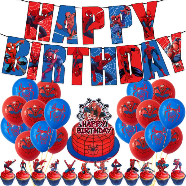 Spider-Man-tema bursdagsbannere, ballonger og festdekorasjoner