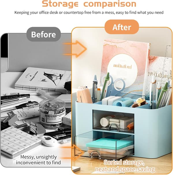 Desktop Pen Holder, Desk Storage Box with 2 Drawers, 5 Compartments, Desk Organizer for Office, School, and Home Use.