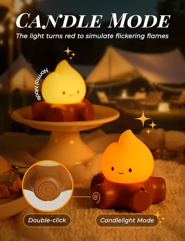 Chibi Campfire Night Light Silicone LED Flickering Flame Light Dimmable Rechargeable Bedside Lamp Anime Kawaii Lamp Decor