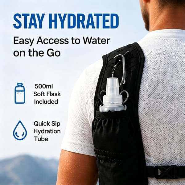 Unisex Running Vest, Adjustable Chest Straps, Hydration Backpack with 500ml Soft Flask - Lightweight Reflective for Marathon, Touchscreen-Friendly Phone Pocket black