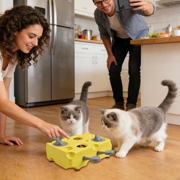 3-i-1 Interactive Cat Toy for Indoor Cats - Rechargeable Feather Toy with Cheese Box & 4-Hole Whack-A-Mole Game, Boredom Relief (Cheese)