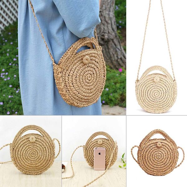 Rund halm crossbody strandväska - Sommar halm crossbody handväska väskor med dragkedja för damer