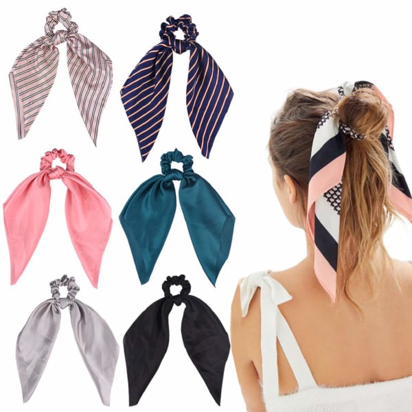 Förpackning med 6 Bow Hair Scrunchies Elastisk hårscarf Hårbandsband Satin Scrunchy Hästsvanshållare för kvinnor och flickor