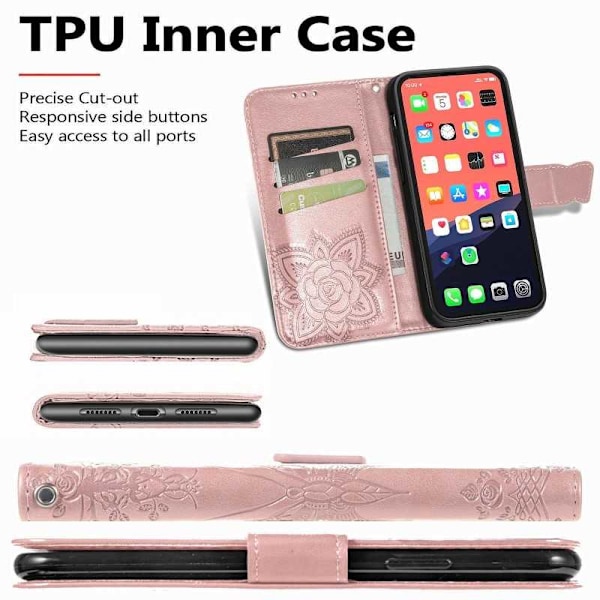 iPhone 14 Pro Max Plånboksfodral PU-Läder 4-FACK Motiv Fjäril Rosa guld