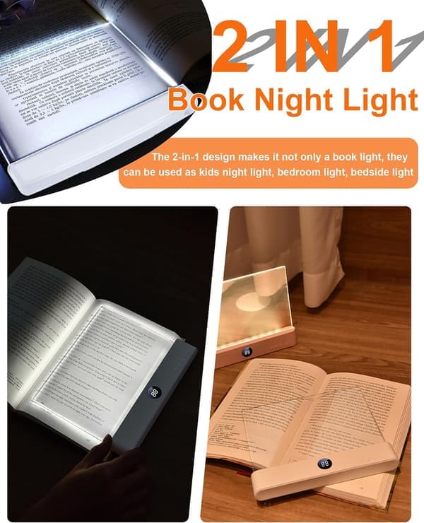 Rechargeable Transparent LED Flat Reading Light, Dimmable Full Page Panel Light with Book Clip, Three Color Modes and Timer. White White