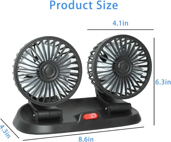 Adjustable Dual Head Car Cooling Fan - Brushless Motor - 2 Speeds, 360° Rotation, for Car Dashboard, Powerful Cooling Solution.