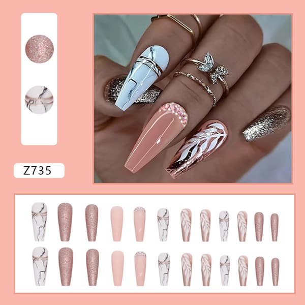 Rose Gold Glitter Press-on Nails Square Extra Long Ballerina False Nails White Leaf Marble Pattern Fake Nails with Rhinestone Design Reusable
